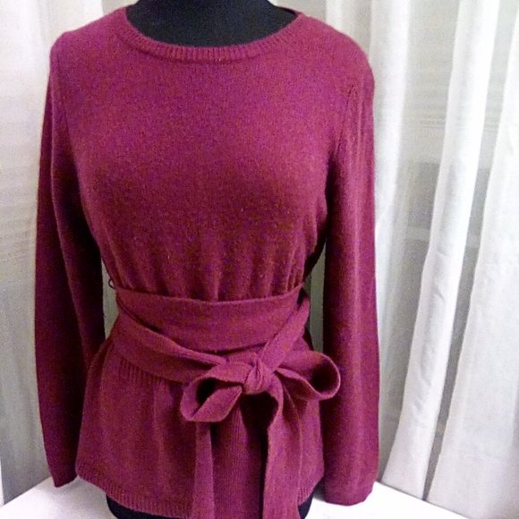 2- 100% cashmere sweater by Ann Taylor size L dark red with belt or sas… - Picture 1 of 5